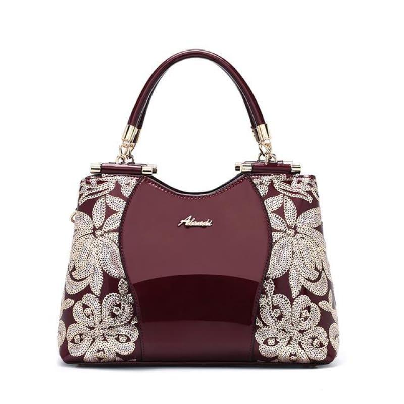 New Women Patent Leather Handbags Sequin Embroidery Luxury Shoulder Crossbody Bag - Burgundy - Handbag