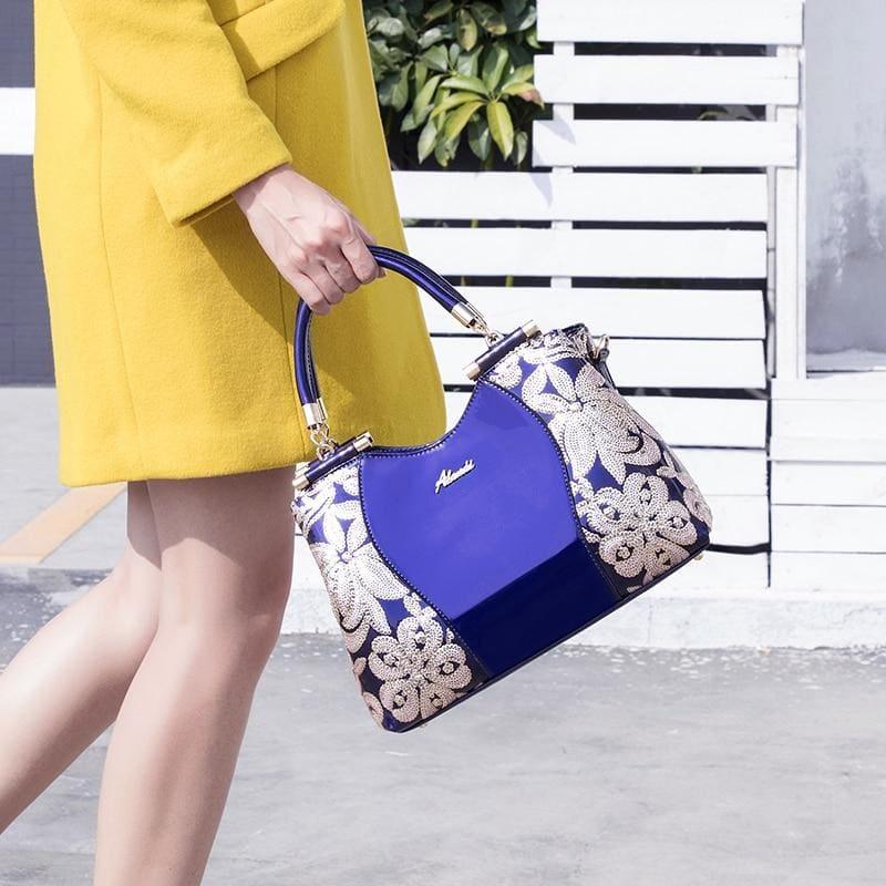 New Women Patent Leather Handbags Sequin Embroidery Luxury Shoulder Crossbody Bag - Handbag