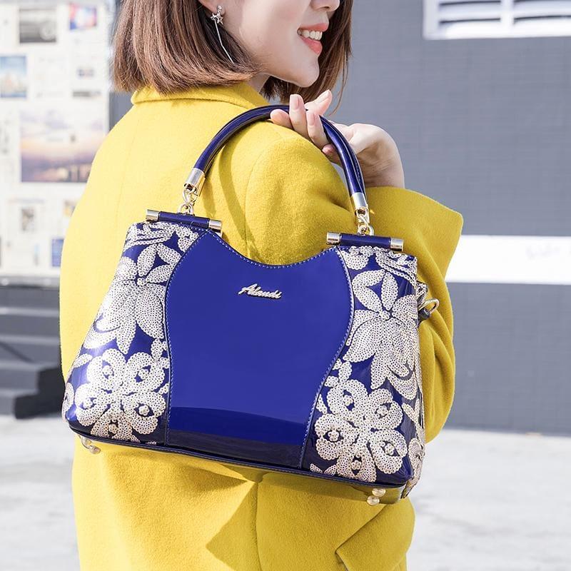 New Women Patent Leather Handbags Sequin Embroidery Luxury Shoulder Crossbody Bag - Handbag