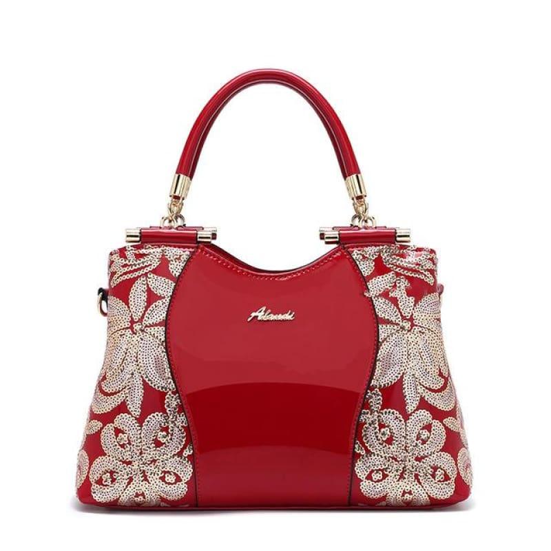 New Women Patent Leather Handbags Sequin Embroidery Luxury Shoulder Crossbody Bag - Red - Handbag