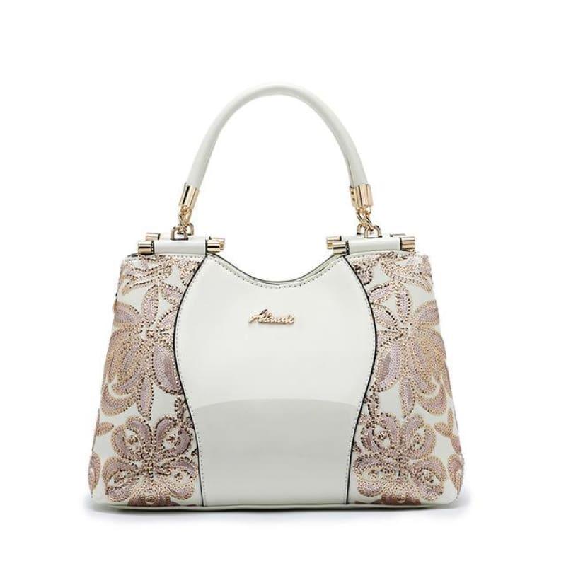 New Women Patent Leather Handbags Sequin Embroidery Luxury Shoulder Crossbody Bag - White - Handbag