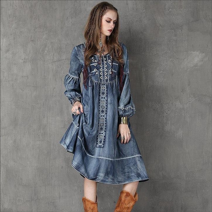 Long Lantern Sleeve Embroidery Denim Dress - TeresaCollections