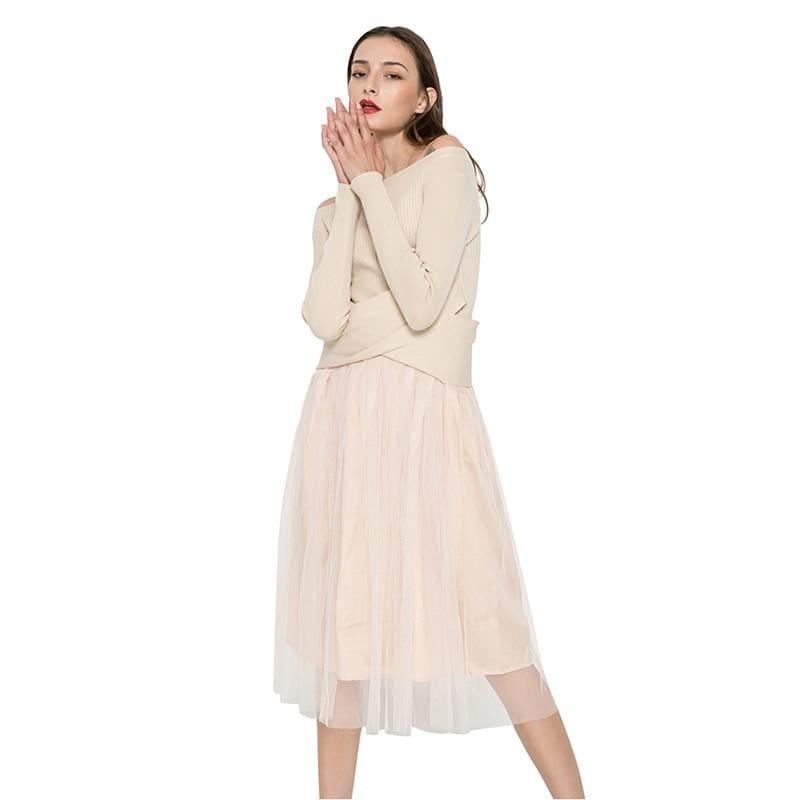 Off Shoulder Sexy Mesh Knitted Tulle Party Long Sleeve Midi Dress - Midi