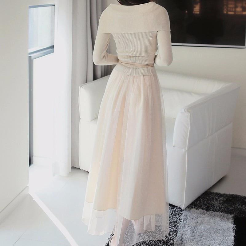 Off Shoulder Sexy Mesh Knitted Tulle Party Long Sleeve Midi Dress - Midi