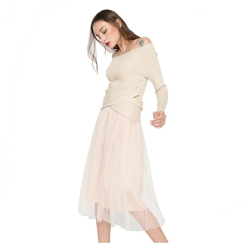 Off Shoulder Sexy Mesh Knitted Tulle Party Long Sleeve Midi Dress - Midi