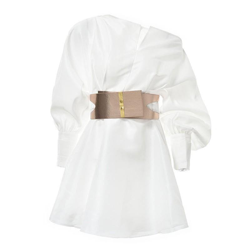 Off Shoulder V Neck Party Lantern Sleeve High Waist Asymmetrical Mini Dress - White Dress / L - Mini Dress