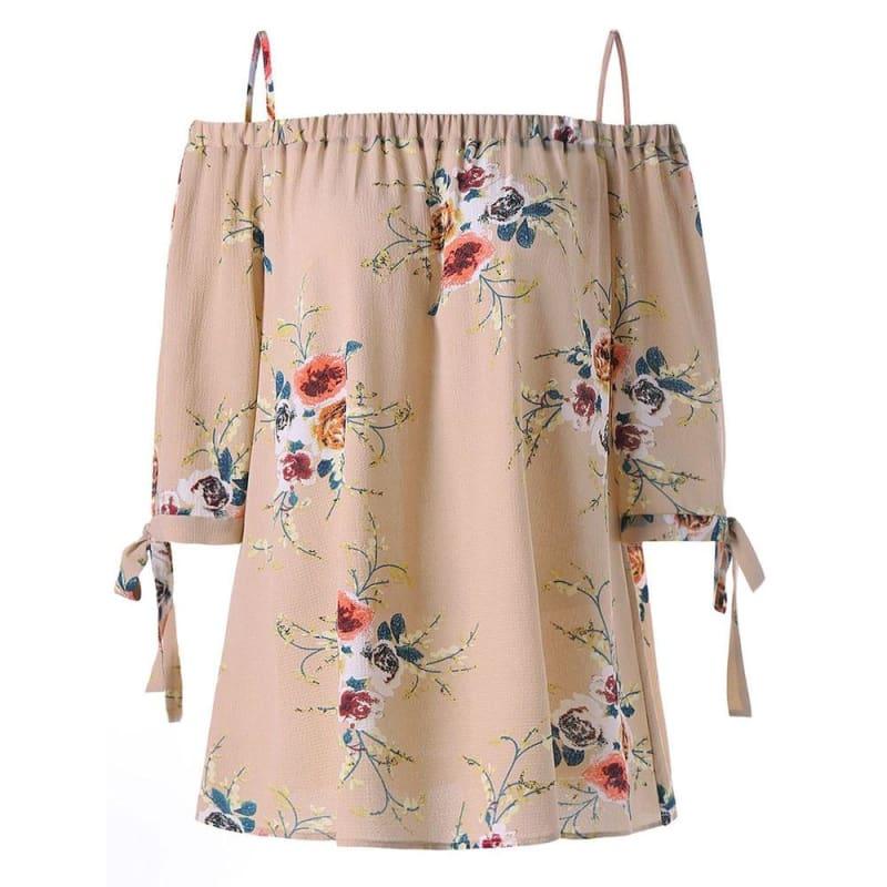 Off The Shoulder Floral Print Chiffon Casual Cold Shoulder Blouse - Beige / 4Xl - Short Sleeve