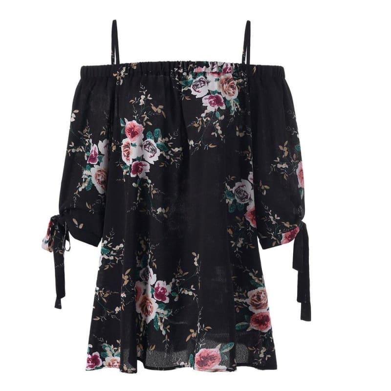 Off The Shoulder Floral Print Chiffon Casual Cold Shoulder Blouse - Black / 4Xl - Short Sleeve