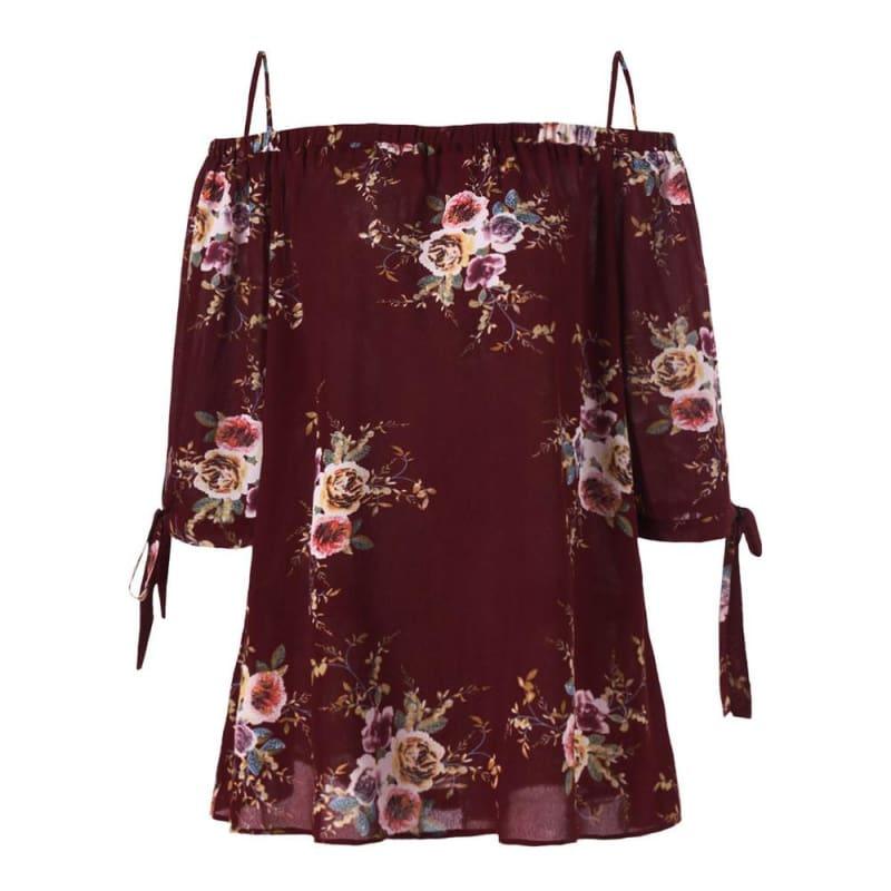 Off The Shoulder Floral Print Chiffon Casual Cold Shoulder Blouse - Burgundy / 4Xl - Short Sleeve