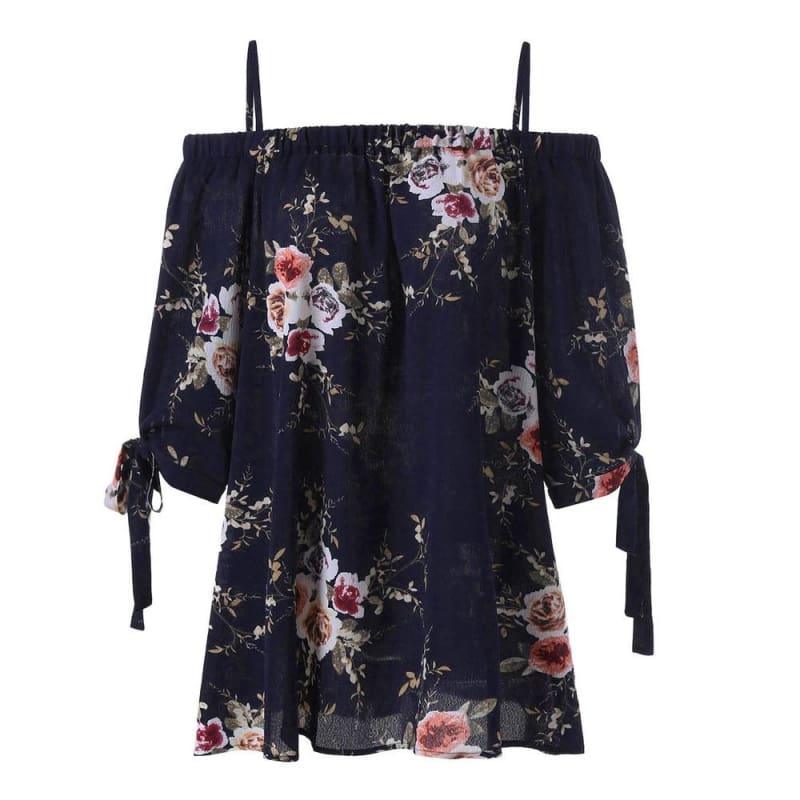 Off The Shoulder Floral Print Chiffon Casual Cold Shoulder Blouse - Navy Blue / 4Xl - Short Sleeve