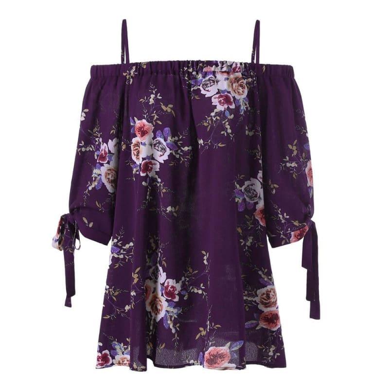 Off The Shoulder Floral Print Chiffon Casual Cold Shoulder Blouse - Purple / 4Xl - Short Sleeve