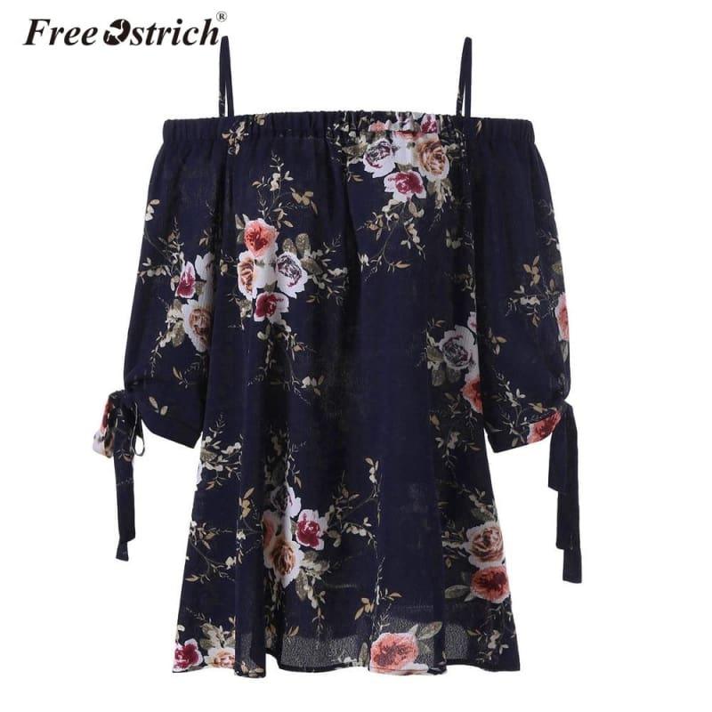 Off The Shoulder Floral Print Chiffon Casual Cold Shoulder Blouse - Short Sleeve