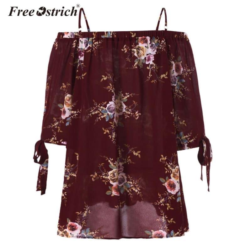 Off The Shoulder Floral Print Chiffon Casual Cold Shoulder Blouse - Short Sleeve