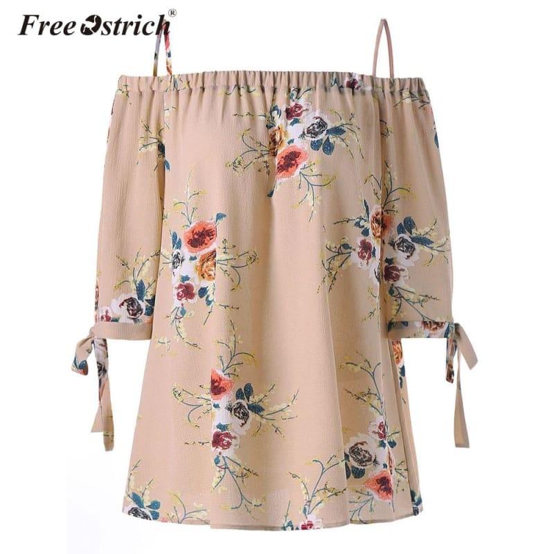 Off The Shoulder Floral Print Chiffon Casual Cold Shoulder Blouse - Short Sleeve