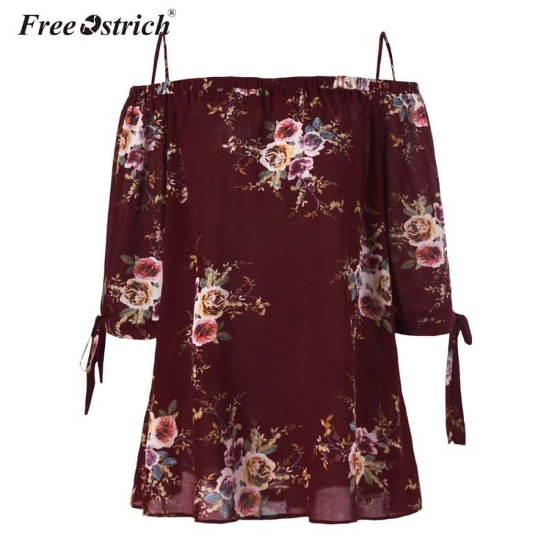 Off The Shoulder Floral Print Chiffon Casual Cold Shoulder Blouse - Short Sleeve