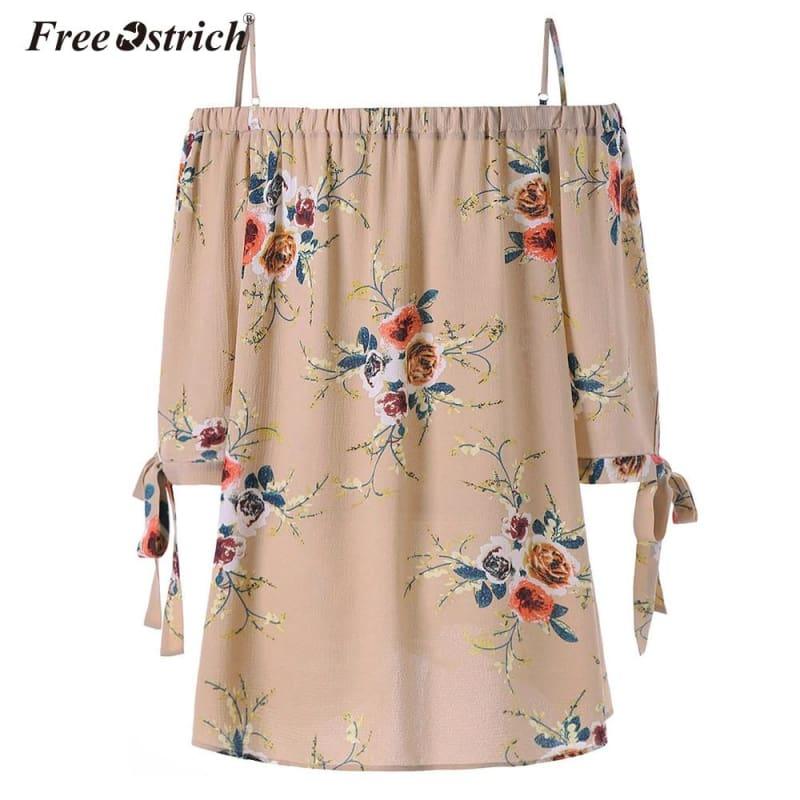 Off The Shoulder Floral Print Chiffon Casual Cold Shoulder Blouse - Short Sleeve