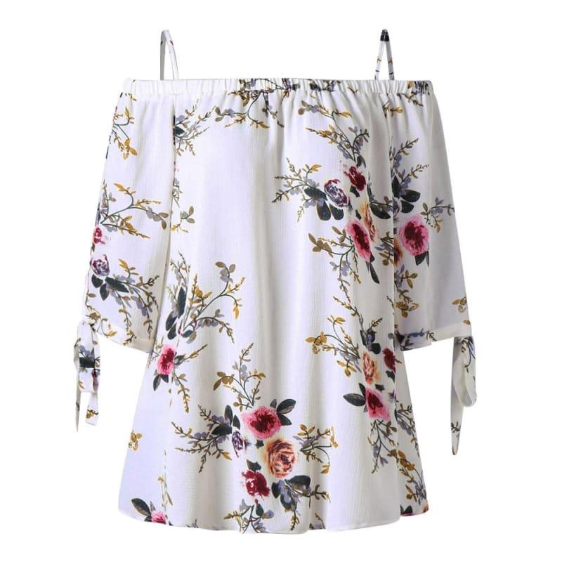 Off The Shoulder Floral Print Chiffon Casual Cold Shoulder Blouse - Short Sleeve