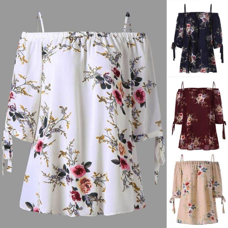 Off The Shoulder Floral Print Chiffon Casual Cold Shoulder Blouse - Short Sleeve