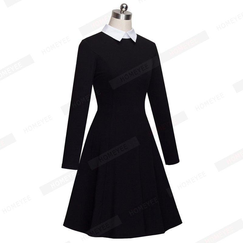 Office Business Pleated A-Line Dress Classic Turn-Down Collar Black Midi Dress - Midi Dress