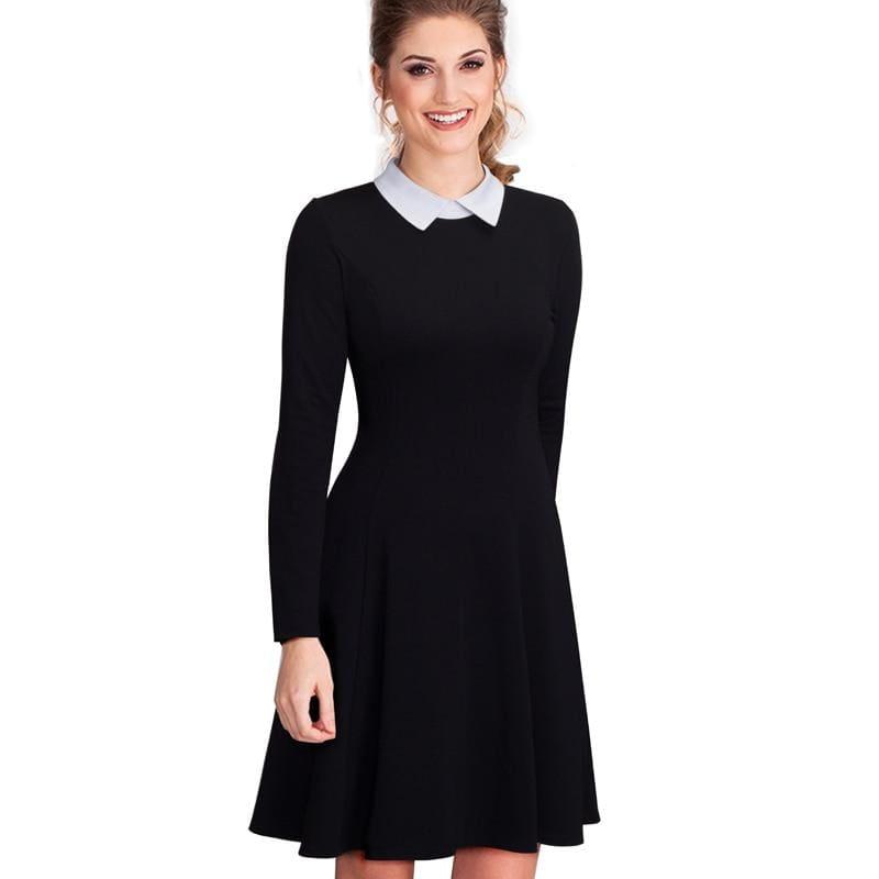 Office Business Pleated A-Line Dress Classic Turn-Down Collar Black Midi Dress - Midi Dress