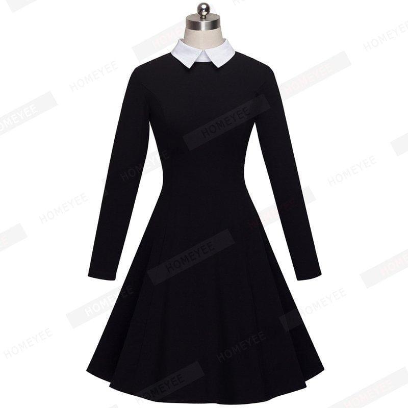 Office Business Pleated A-Line Dress Classic Turn-Down Collar Black Midi Dress - Midi Dress