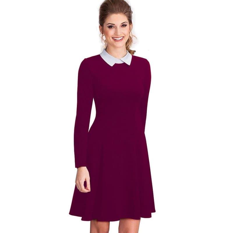 Office Business Pleated A-Line Dress Classic Turn-Down Collar Black Midi Dress - Carmine / L - Midi Dress