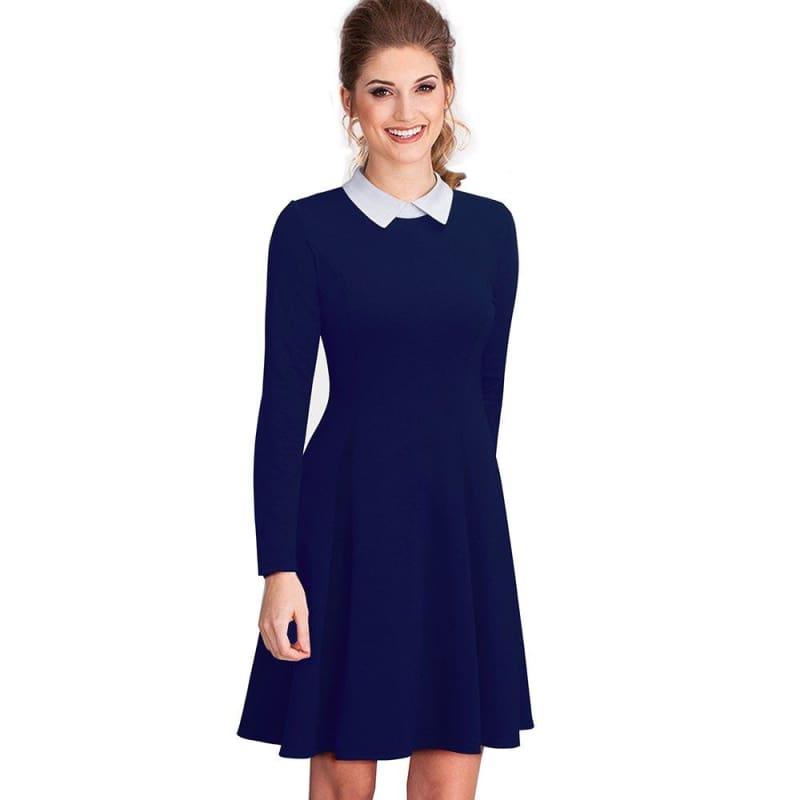 Office Business Pleated A-Line Dress Classic Turn-Down Collar Black Midi Dress - Dark Blue / L - Midi Dress