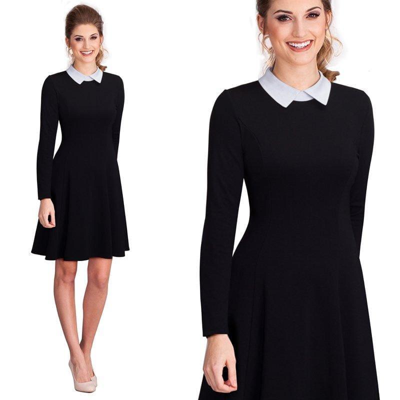 Office Business Pleated A-Line Dress Classic Turn-Down Collar Black Midi Dress - Black / L - Midi Dress