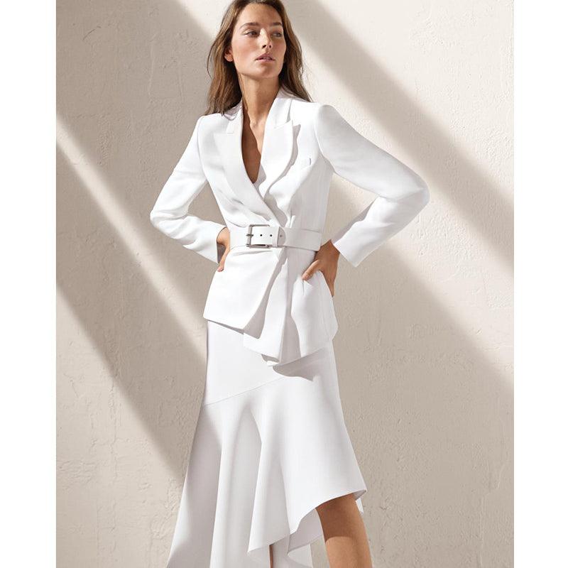 White Two Piece Set Blazer and Skirt - TeresaCollections