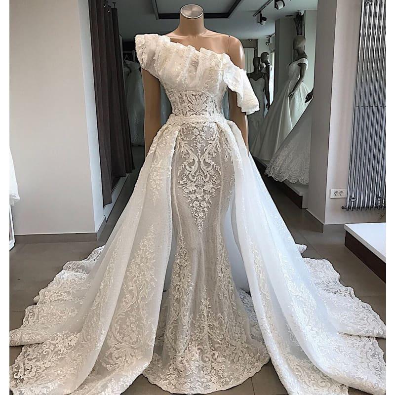 One Shoulder Lace Wedding Dress With Detachable Court Train Applique Mermaid Bride Dress - WHITE / 2 - Gown