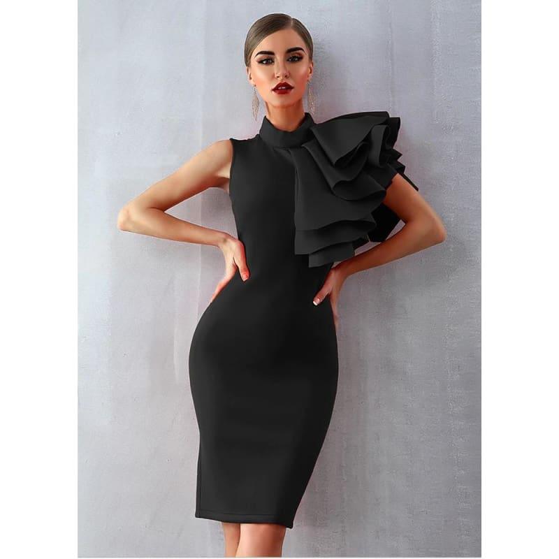 One Shoulder Ruffles Sexy Sleeveless Bodycon Midi Dress - Black / L - Midi Dress