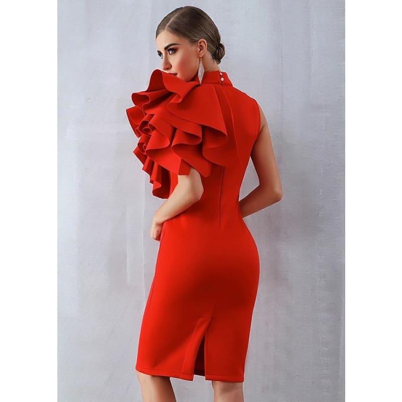 One Shoulder Ruffles Sexy Sleeveless Bodycon Midi Dress - Midi Dress