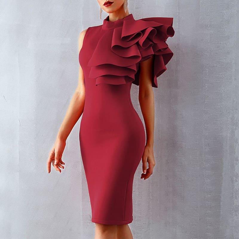 One Shoulder Ruffles Sexy Sleeveless Bodycon Midi Dress - Wine Red / L - Midi Dress