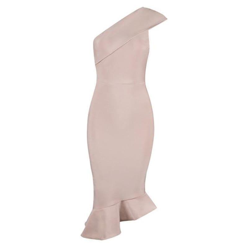 One Shoulder Sleeveless Ruffles Nightclub Dress Cocktail Evening Party Mid Length Dress - Apricot / L - Mid Length