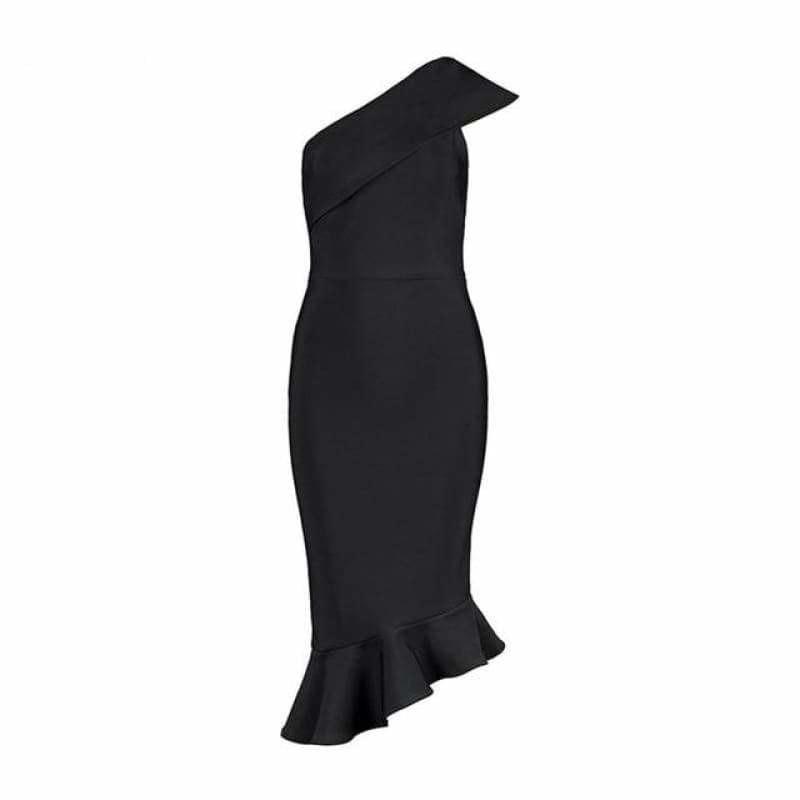 One Shoulder Sleeveless Ruffles Nightclub Dress Cocktail Evening Party Mid Length Dress - Black / L - Mid Length