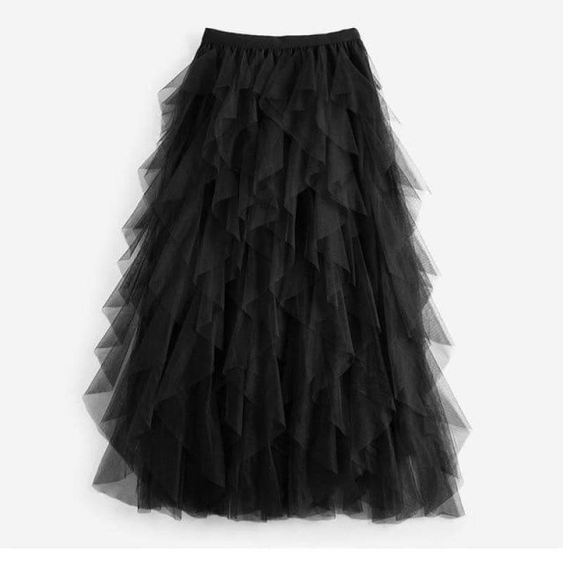 One Size Asymmetrical Mesh High Waist Ankle Length Skirts - black / One Size - Skirts