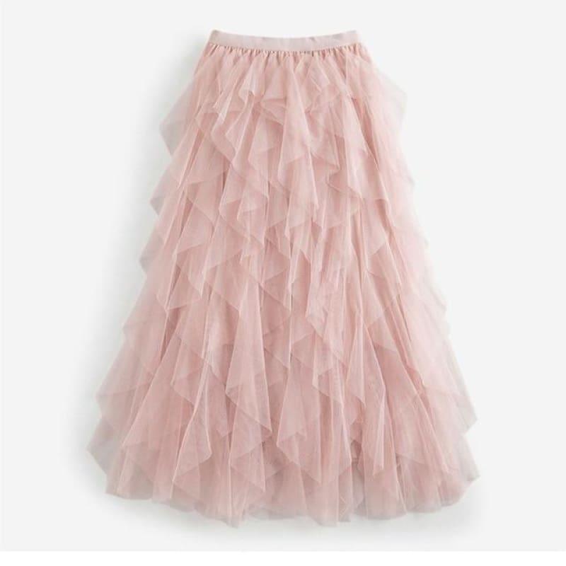 One Size Asymmetrical Mesh High Waist Ankle Length Skirts - pink / One Size - Skirts