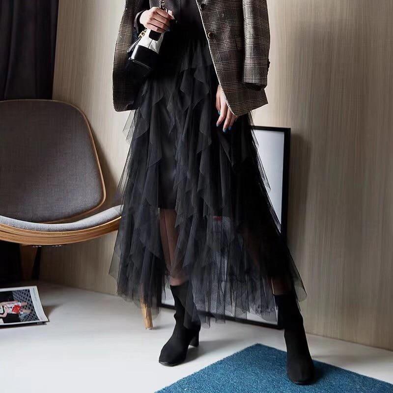 One Size Asymmetrical Mesh High Waist Ankle Length Skirts - Skirts