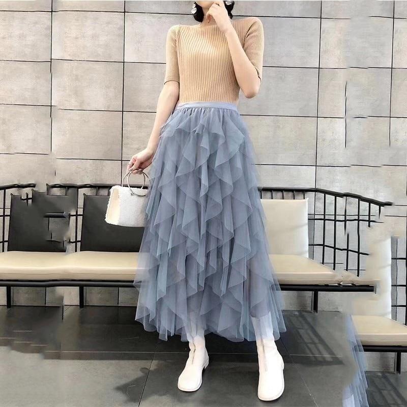 One Size Asymmetrical Mesh High Waist Ankle Length Skirts - Skirts