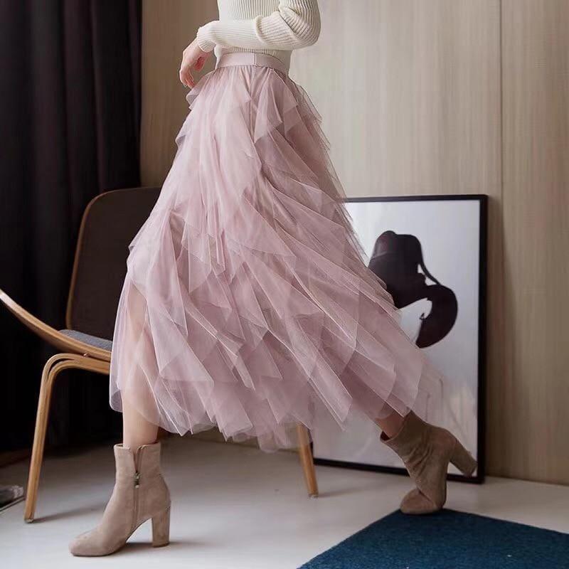 One Size Asymmetrical Mesh High Waist Ankle Length Skirts - Skirts