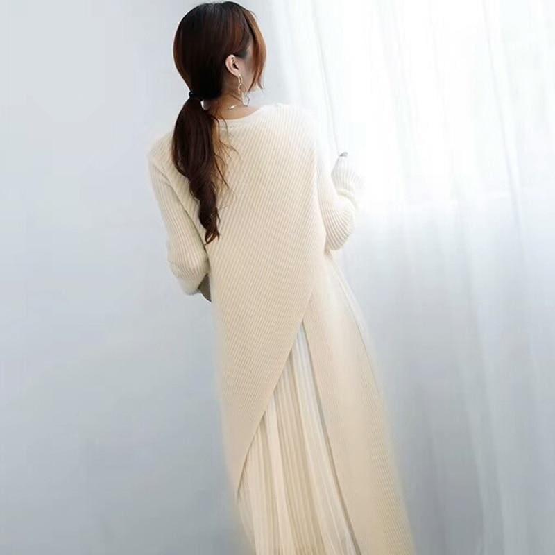 One Size Sweater Pleated Long Sleeve Midi Dress - Midi