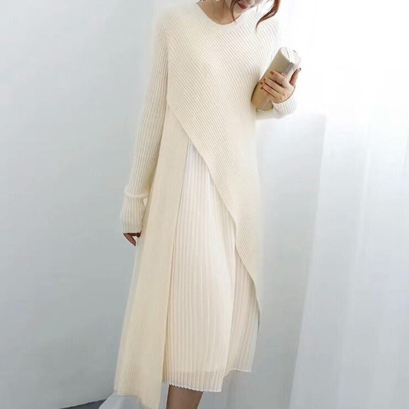One Size Sweater Pleated Long Sleeve Midi Dress - Midi