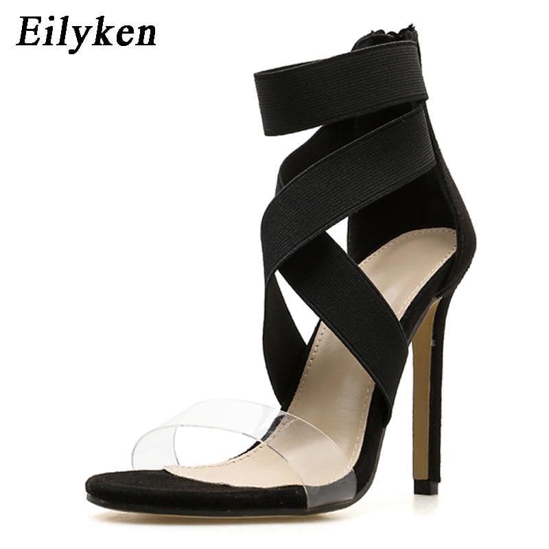 Open Toe Stiletto High Heels Stretch Fabric Sandals - Black / 4 - Sandals