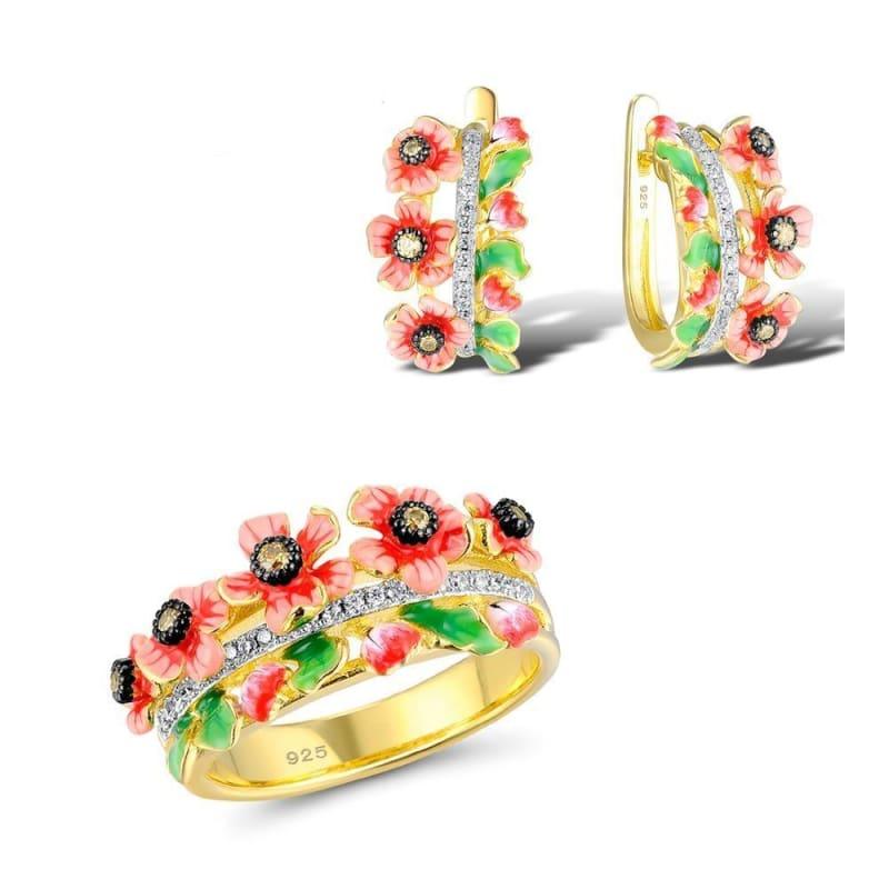 Orange Flower Yellow CZ Stones Ring Earrings 925 Sterling Silver Women Fashion Jewelry Set - 7.25 - jewelry set