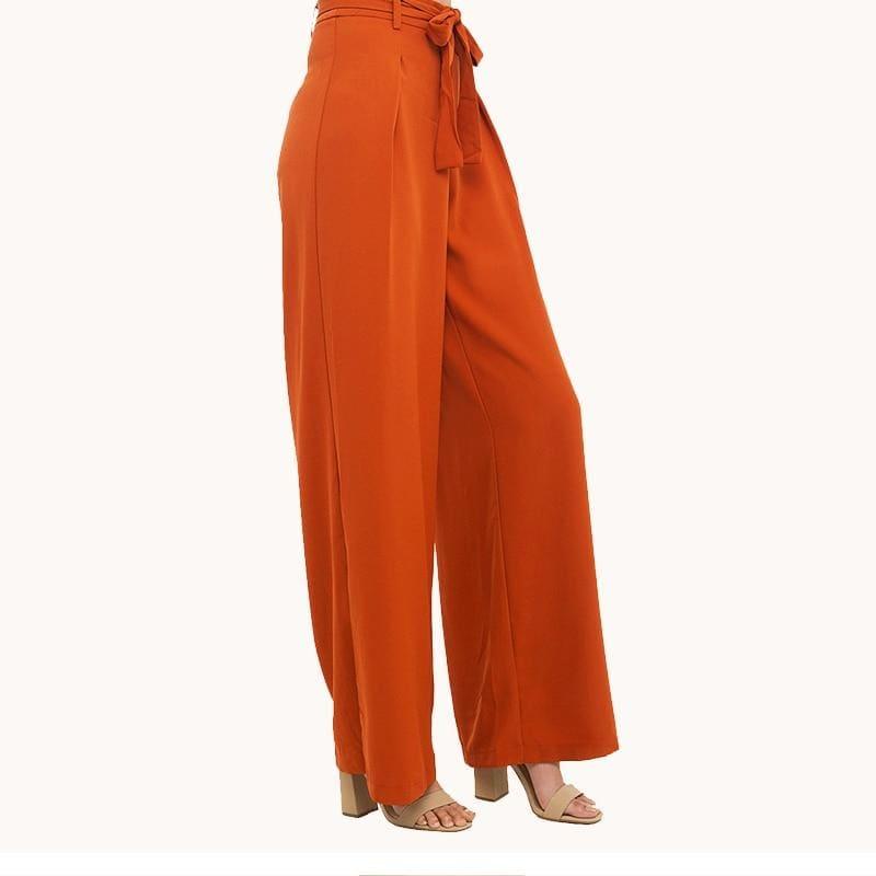 Orange Wide Leg Chiffon Pants High Waist Tie Front Trousers Palazzo Ol Elegant Pants - Pants