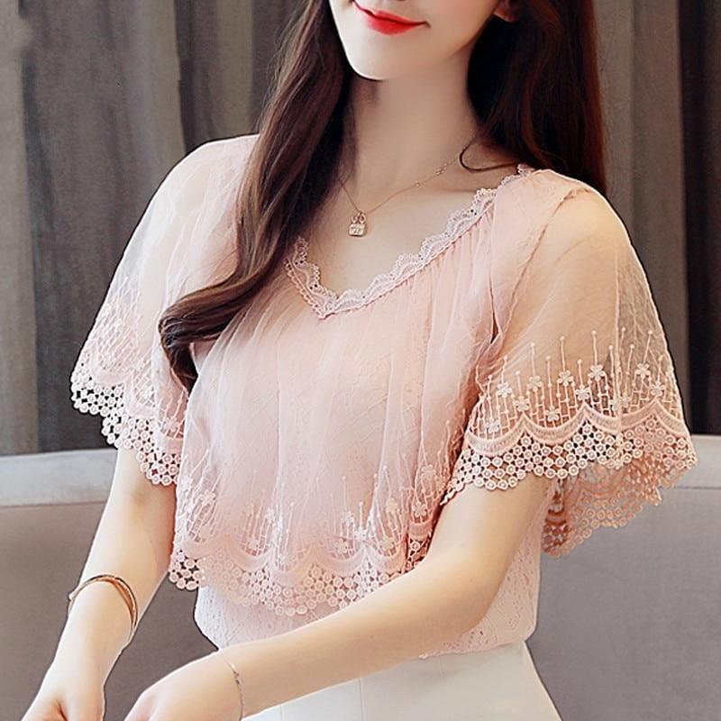 Peach Summer Lace Shirt Fashion Blouse - Pink / L - Short Sleeve