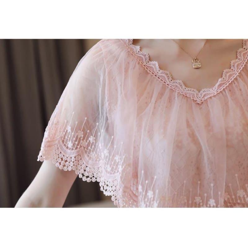 Peach Summer Lace Shirt Fashion Blouse - Short Sleeve