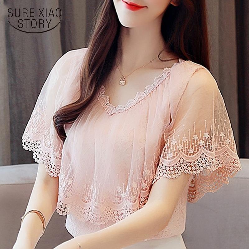 Peach Summer Lace Shirt Fashion Blouse - Short Sleeve