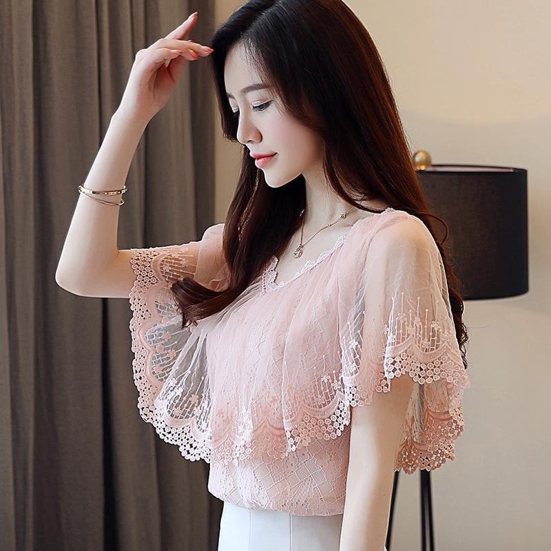 Peach Summer Lace Shirt Fashion Blouse - Short Sleeve