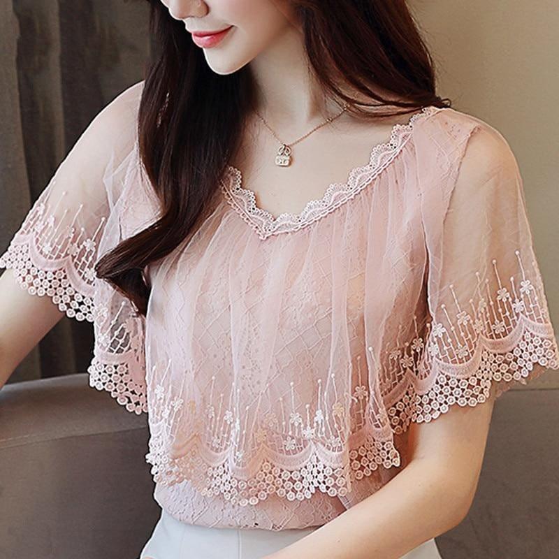 Peach Summer Lace Shirt Fashion Blouse - Short Sleeve